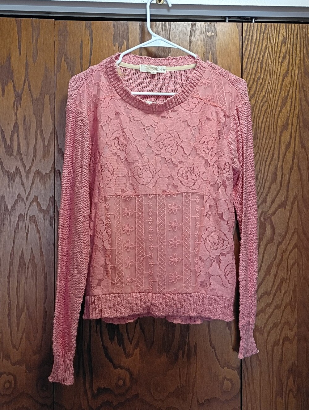 NWT Rewind Delicate Pink Lace Front Knit Top